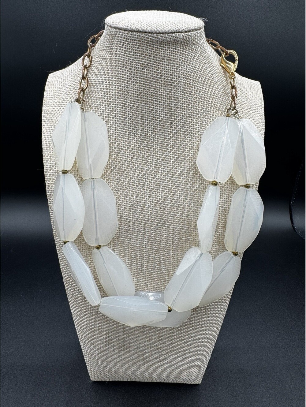 Statement Necklace Frosted White Faceted Beads Gold Tone Chain Adjustable